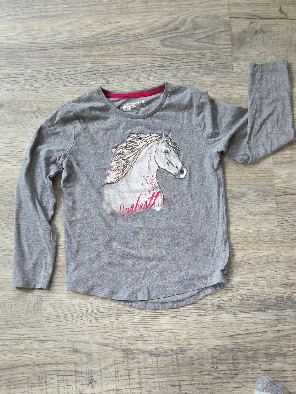 Carhartt Gray Long-Sleeve Tee with Horse Graphic and Pink Logo